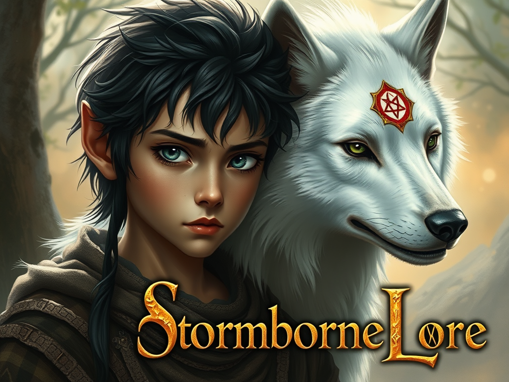 A young boy with dark, tousled hair stands beside a majestic white wolf, both gazing intently ahead. The boy's piercing green eyes and determined expression indicate bravery and resilience. The wolf features a distinctive red pentagram mark on its brow, symbolizing a mystical connection. Soft golden light filters through the trees, creating an ethereal atmosphere. Below the characters, the title 'StormborneLore' is artistically integrated.
