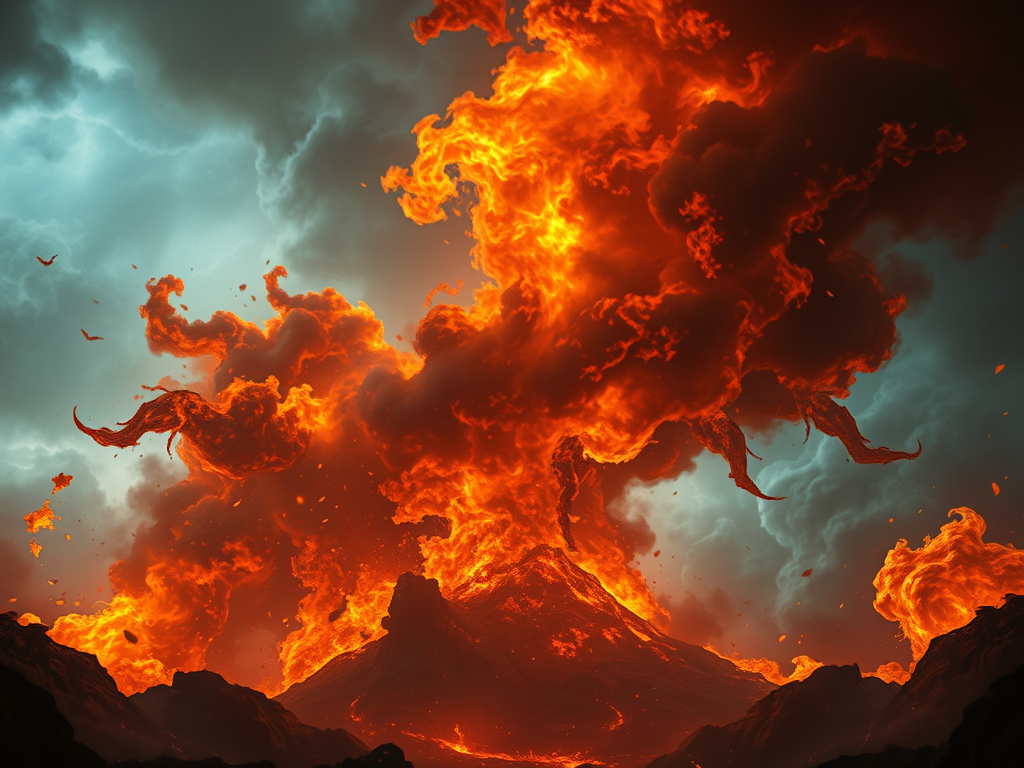 A dramatic volcanic eruption with bright orange and red lava flowing from a mountain, surrounded by dark ash clouds and a moody sky.