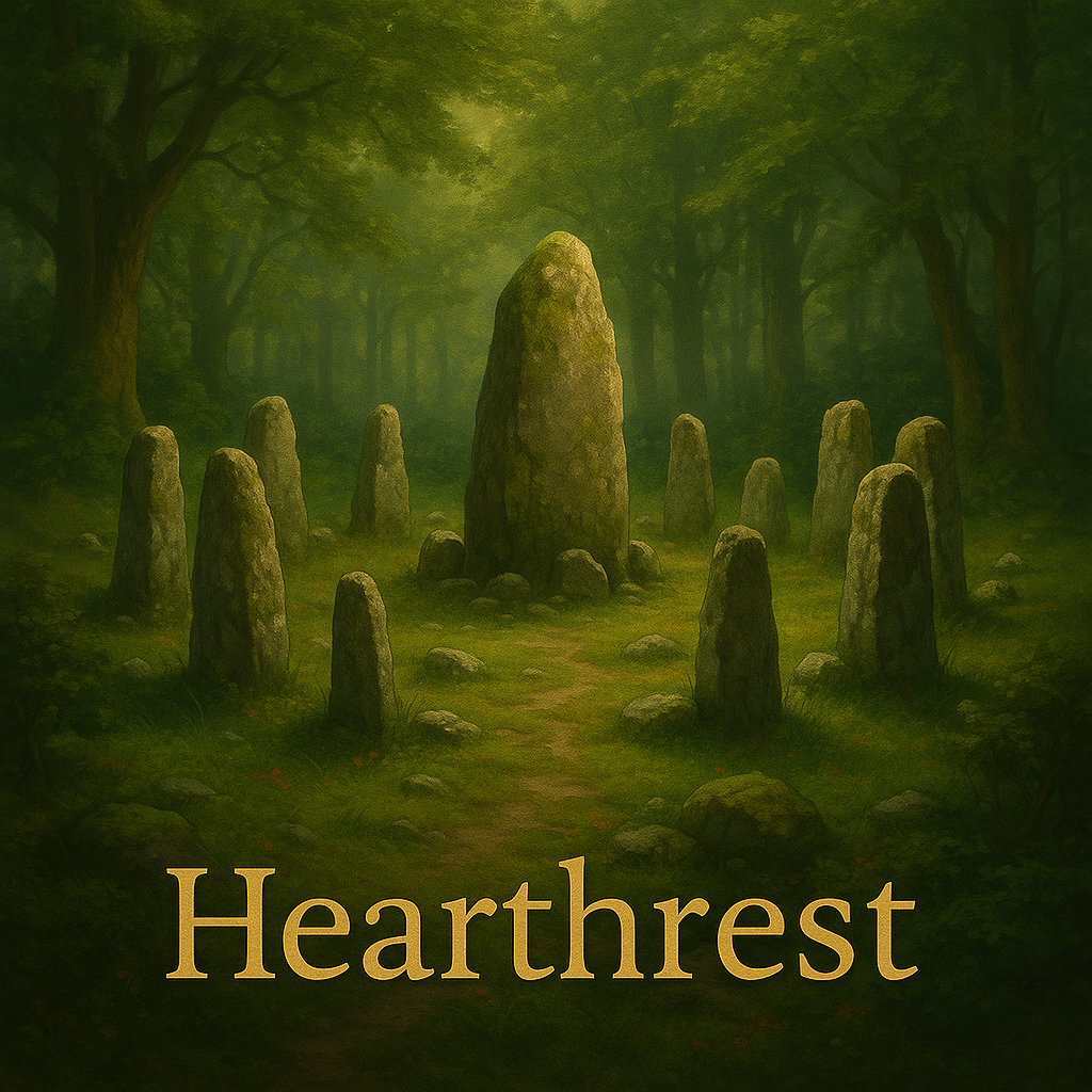 A serene woodland landscape featuring a large stone circle surrounded by smaller stones, labeled 'Hearthrest' at the bottom.