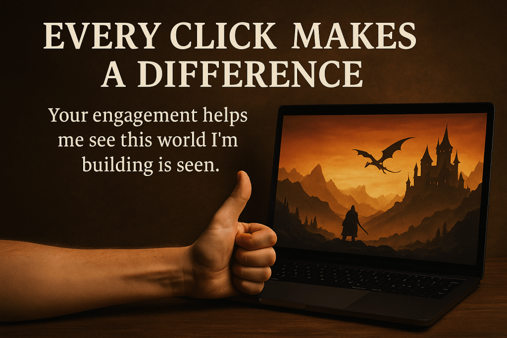 A hand giving a thumbs up in front of a laptop displaying a fantasy scene with a dragon and a castle, accompanied by the text 'EVERY CLICK MAKES A DIFFERENCE'.