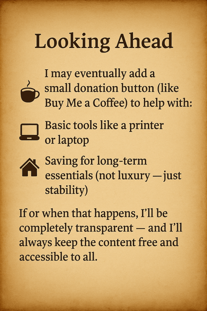 Image featuring a text outline titled 'Looking Ahead,' discussing the potential addition of a donation button and outlining various supports needed for basic tools and long-term essentials.