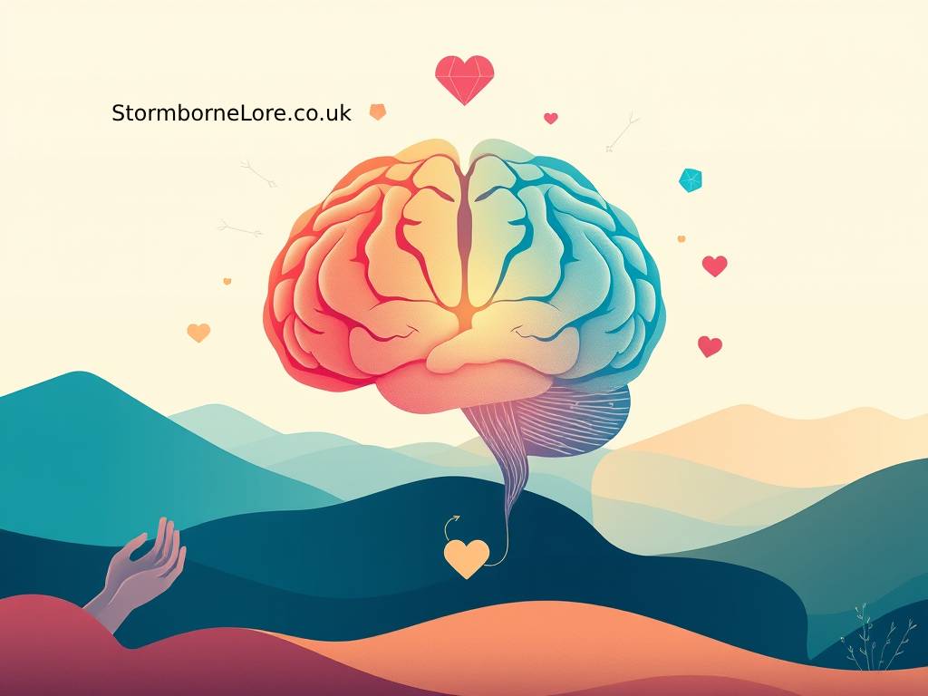 An artistic illustration of a colorful brain surrounded by hearts, set against a backdrop of rolling hills and mountains, symbolizing mental health and emotional support.