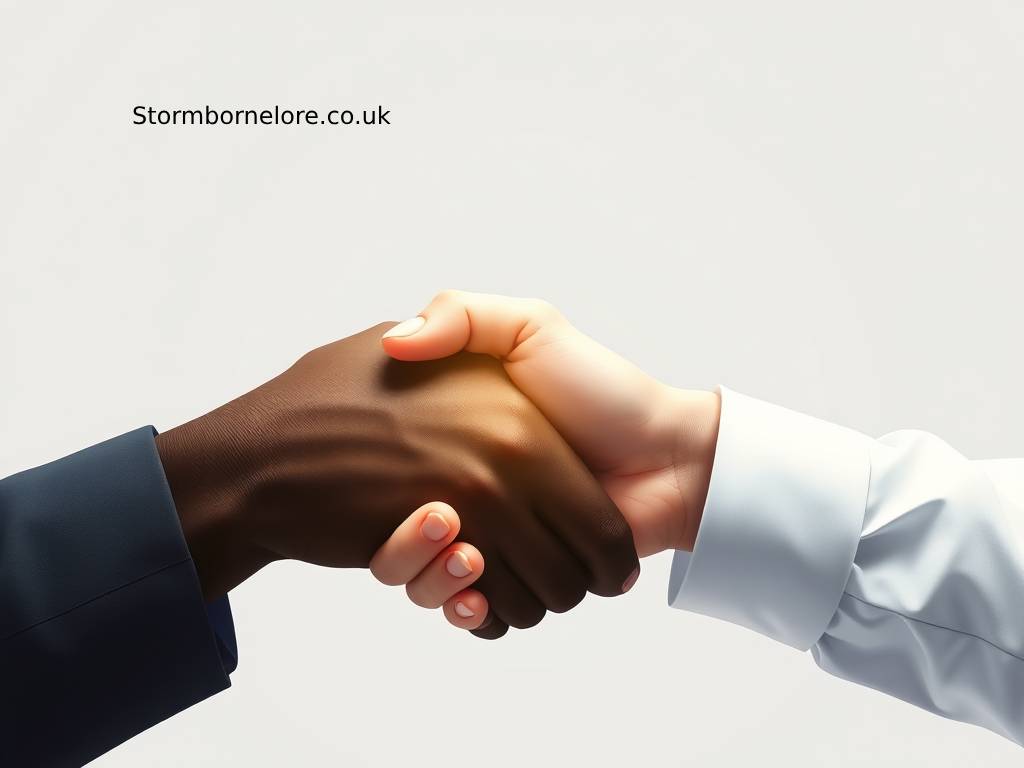 A close-up image of two hands shaking, one with dark skin and the other with light skin, symbolizing cooperation and unity.