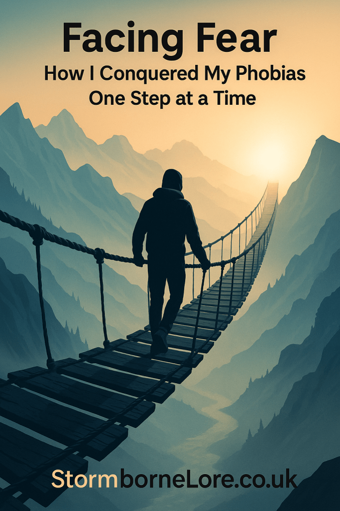 A person walking on a rickety bridge over a mountainous landscape with the title 'Facing Fear' and subtitle about conquering phobias.