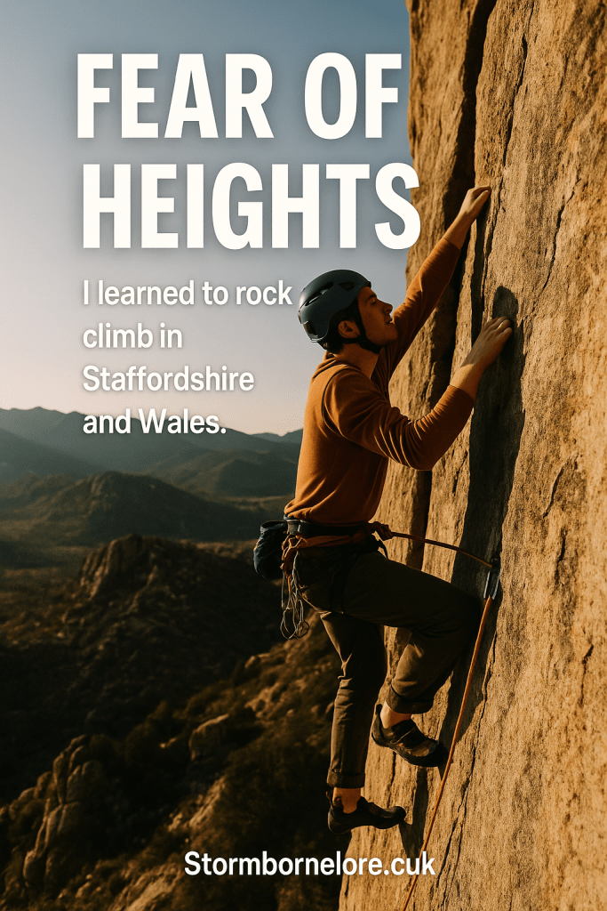 A climber ascending a rocky cliff in Staffordshire, wearing protective gear and focused on the climb.