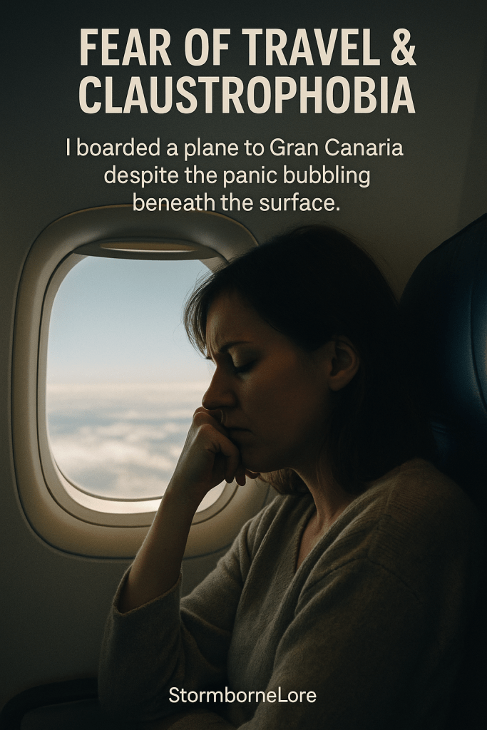 A woman sitting on a plane, looking pensive and anxious while gazing out the window, with text overlay about fear of travel and claustrophobia.