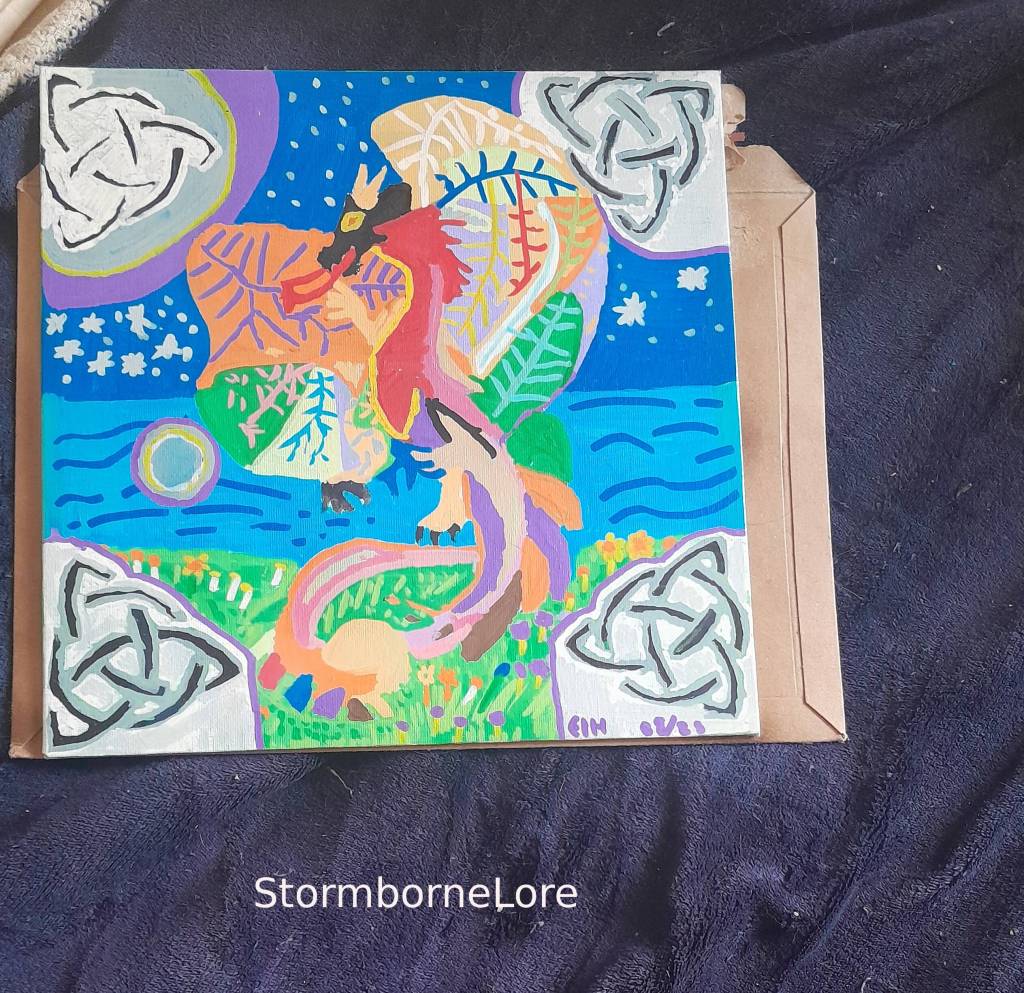 A vibrant hand-painted artwork featuring a colorful dragon amidst swirling leaves and a blue sky, adorned with Celtic knot designs in the corners.
