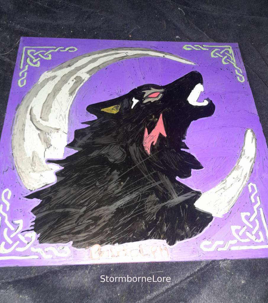 A hand-painted artwork featuring a black wolf howling against a purple background, framed by Celtic designs and a crescent moon.