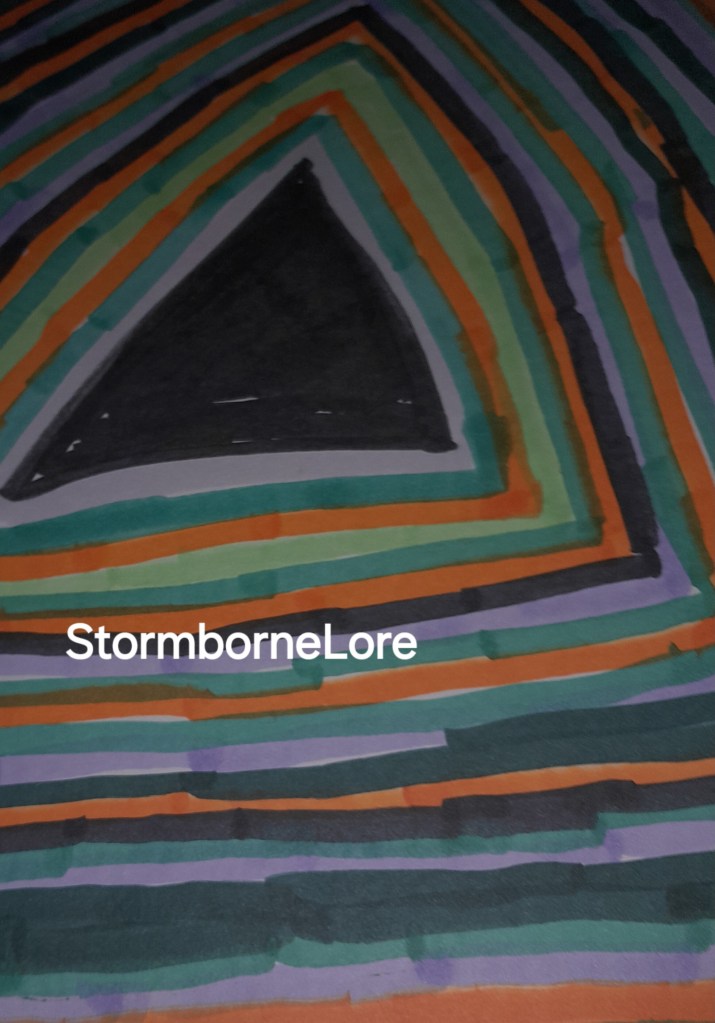 A colorful abstract artwork featuring a series of concentric triangular shapes and stripes in green, orange, and purple, with a prominent black triangle at the center.