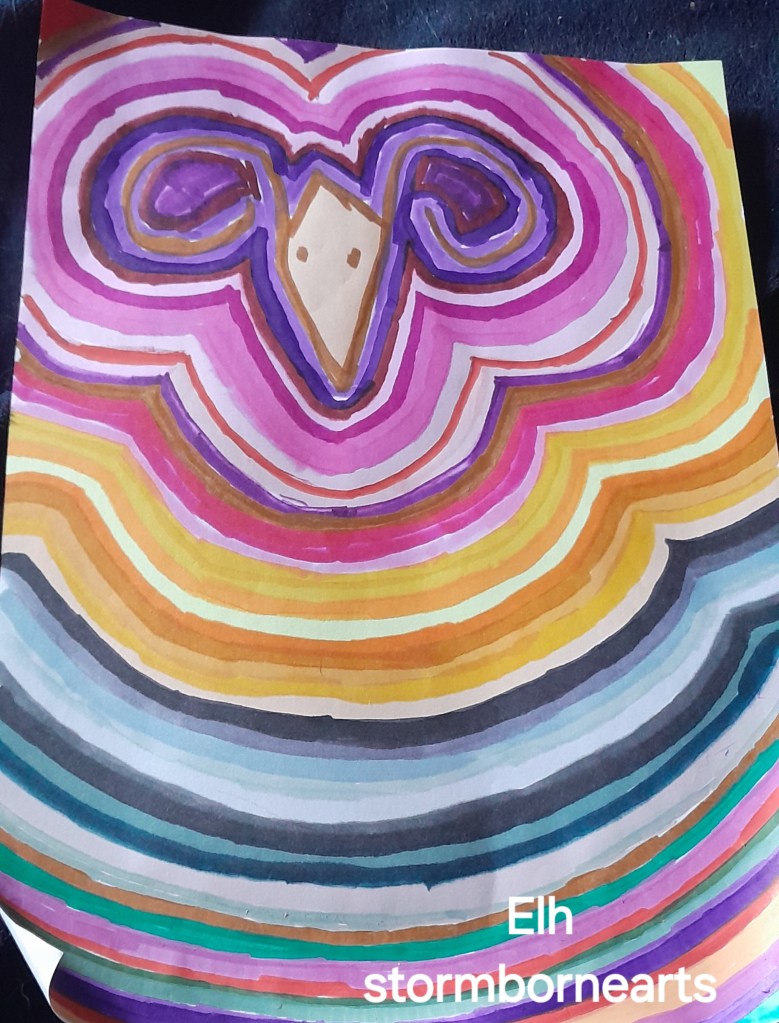 An abstract illustration featuring concentric colorful patterns with a prominent ram's head at the center.