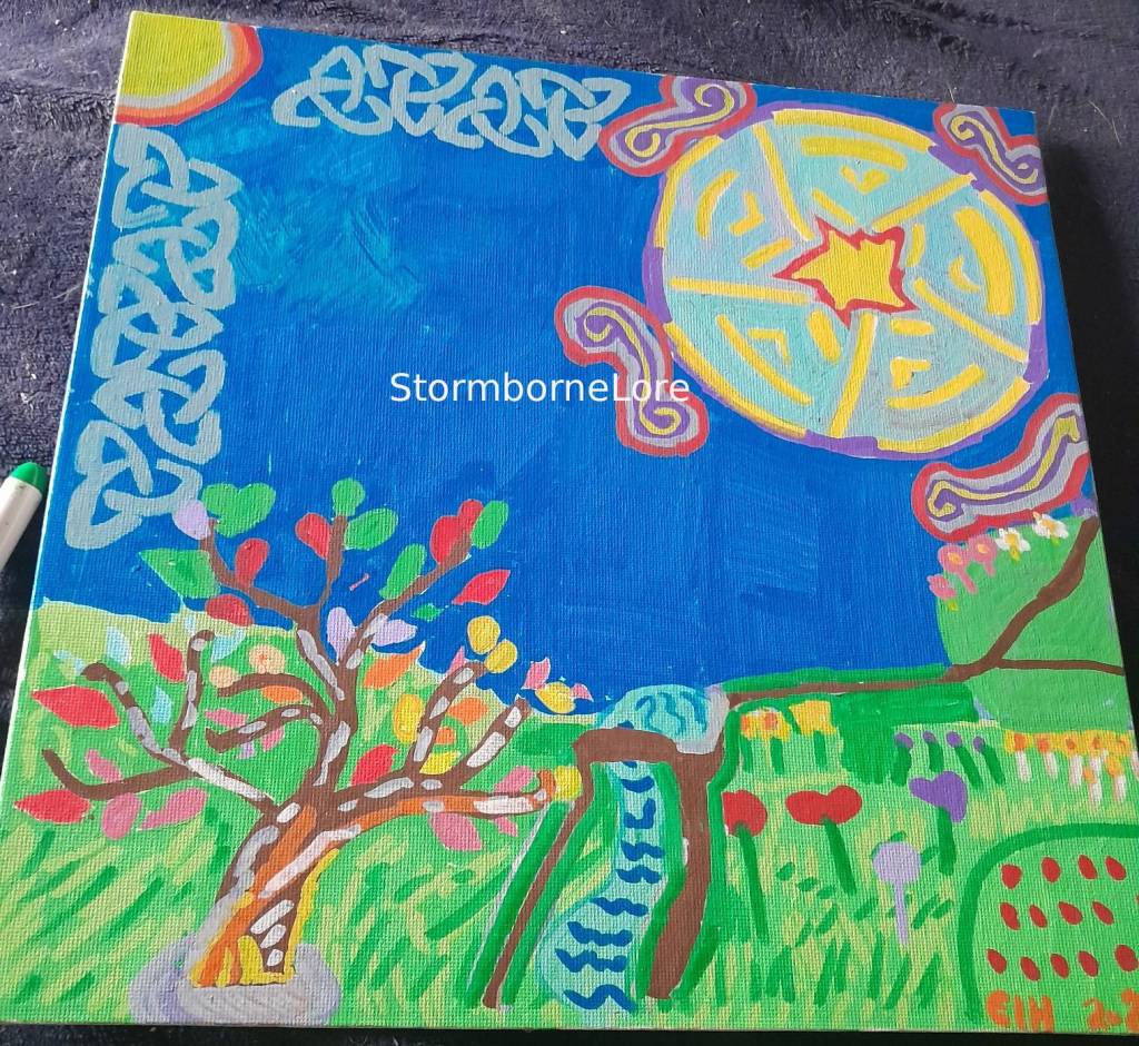 A vibrant hand-painted canvas depicting a colorful landscape with a tree, abstract shapes, and a bright sun against a blue sky.