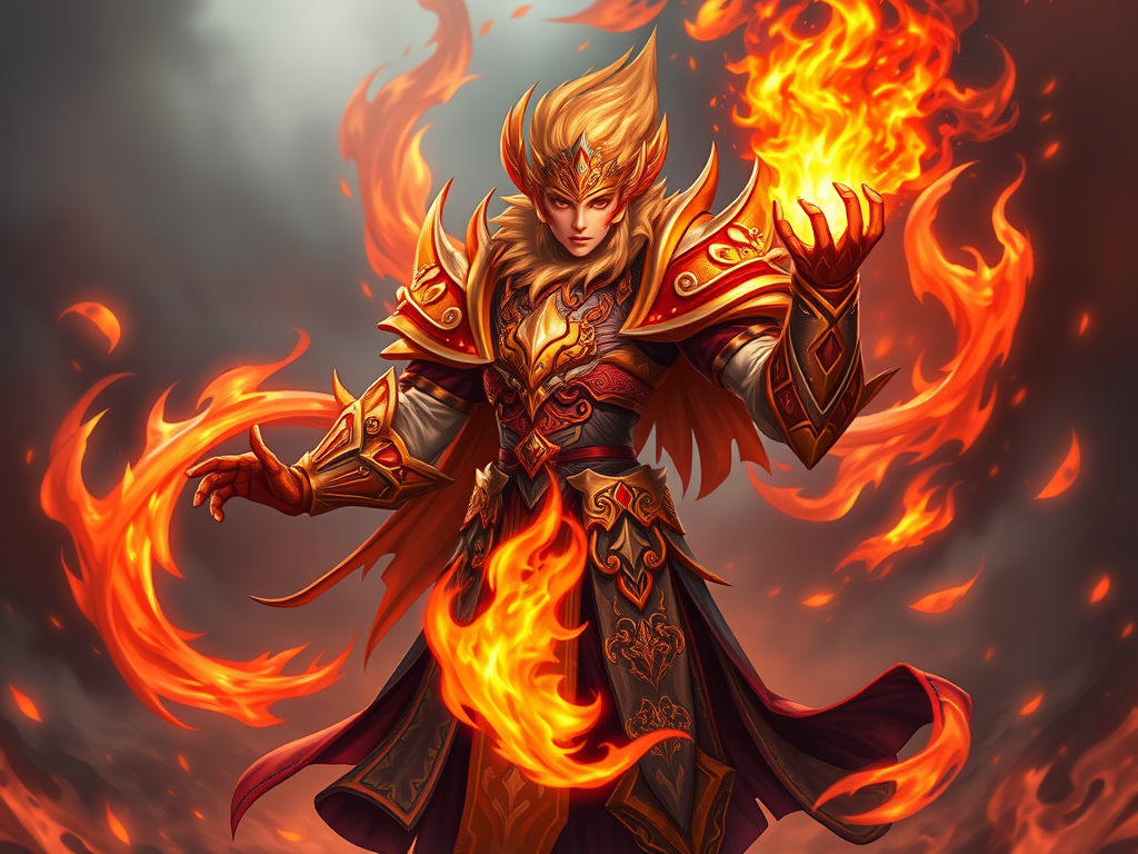 A powerful figure dressed in ornate armor, wielding flames in both hands, symbolizing strength and magic, with fiery hair and a dramatic backdrop.
