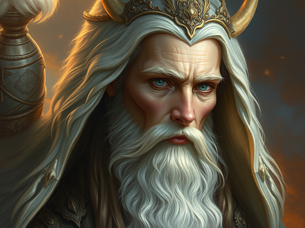 A close-up portrait of a wise-looking elder with long white hair and a beard, adorned with intricate jewelry and a regal crown, exuding an aura of strength and knowledge.