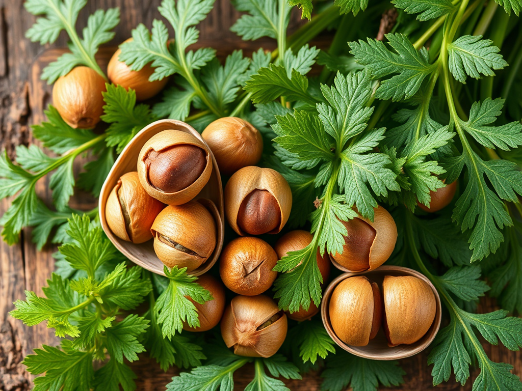 Hazelnuts nestled among fresh green leaves, showcasing the natural ingredients for a nourishing soup.