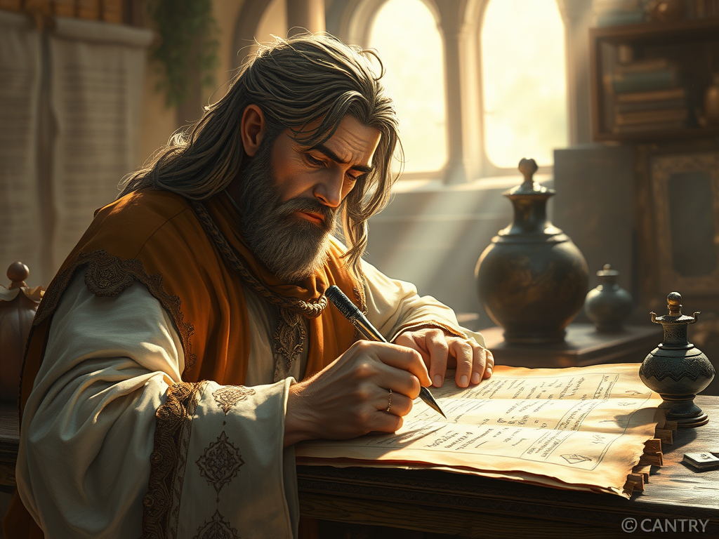 A wise, bearded man in historical attire writes with a quill on parchment, surrounded by ancient scrolls and ink pots in a sunlit room.