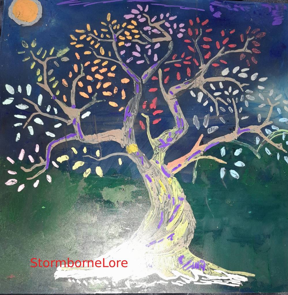 A colorful hand-painted tree with vibrant leaves in shades of orange, pink, and white, set against a dark background with a glowing sun above. The artwork features intricate details, symbolizing nature and vitality.