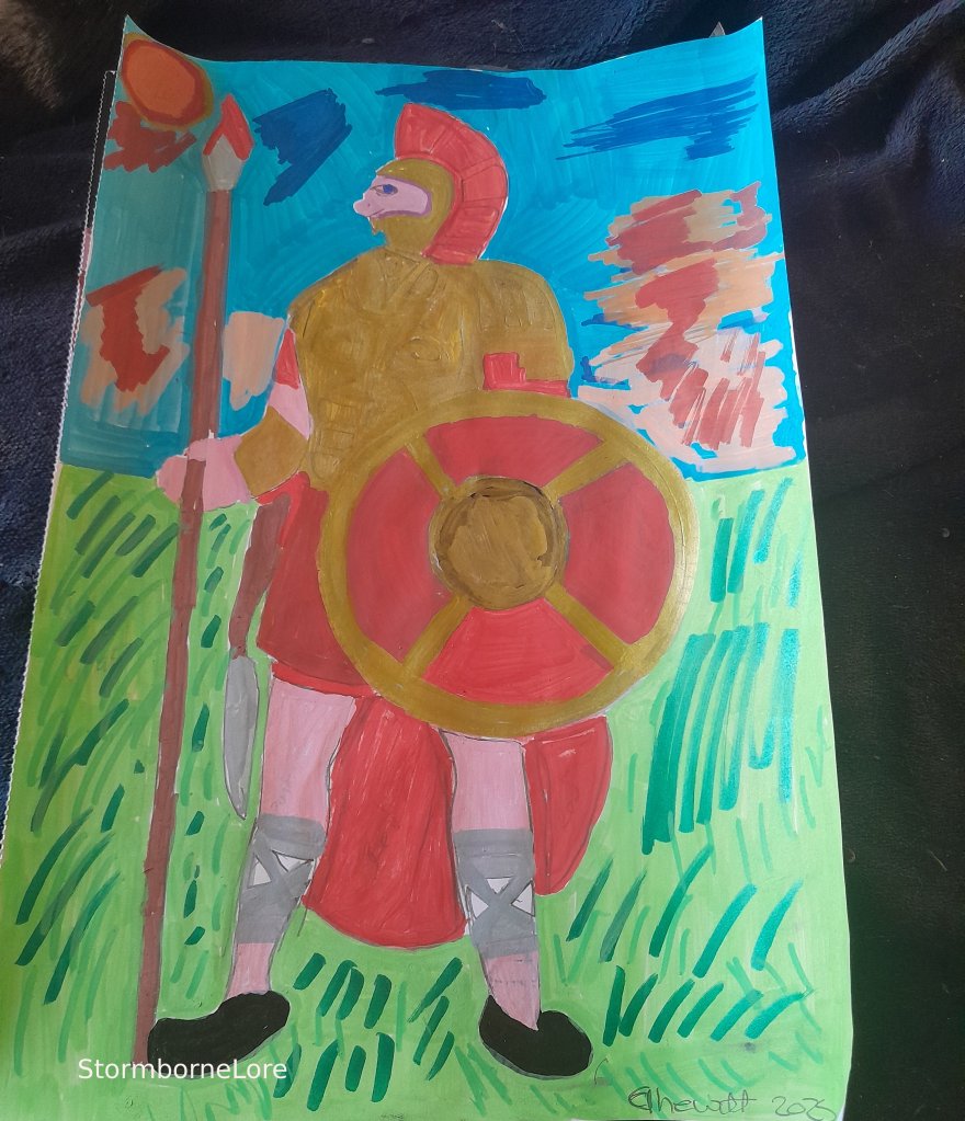 A hand-painted illustration of a warrior standing on green grass, holding a spear and shield. The warrior wears armor and a helmet with a red plume, surrounded by a blue sky and stylized clouds.