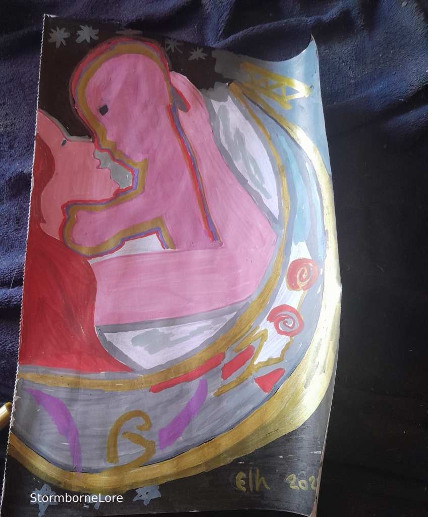 A hand-painted artwork featuring abstract figures in soft pink and red hues, depicting a close embrace, surrounded by swirling patterns in gold and other colors.