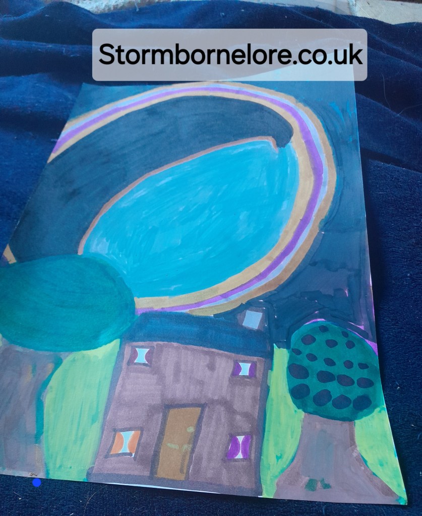 A colorful artwork depicting a home under a rising moon, surrounded by trees, capturing a serene nighttime atmosphere.