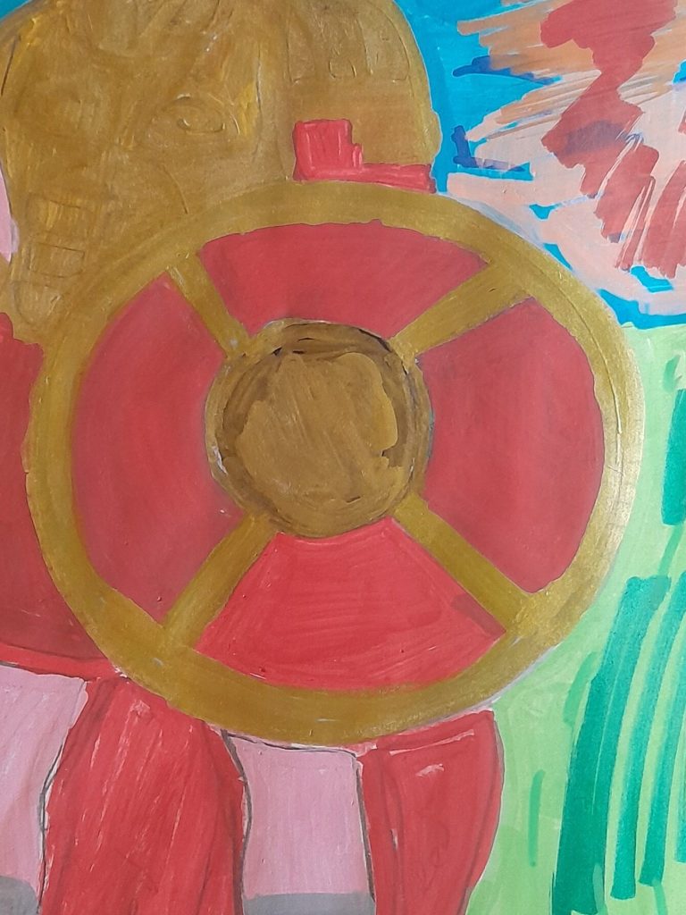 A colorful artwork depicting a figure holding a red and gold shield, with a grassy background and vibrant sky.