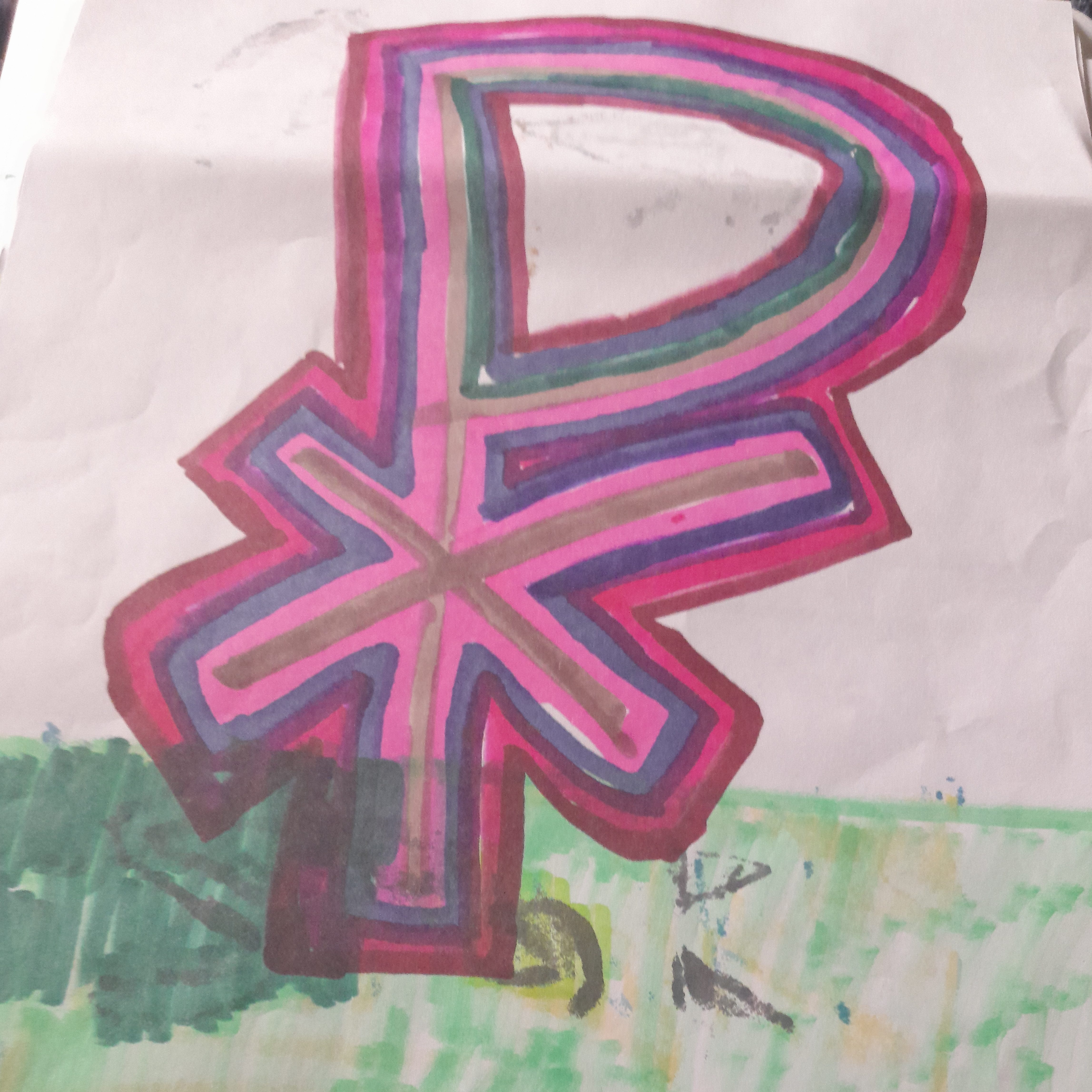 A colorful hand-drawn illustration of a large symbol resembling a cross, outlined in vibrant colors including pink, purple, and green, set against a green background.