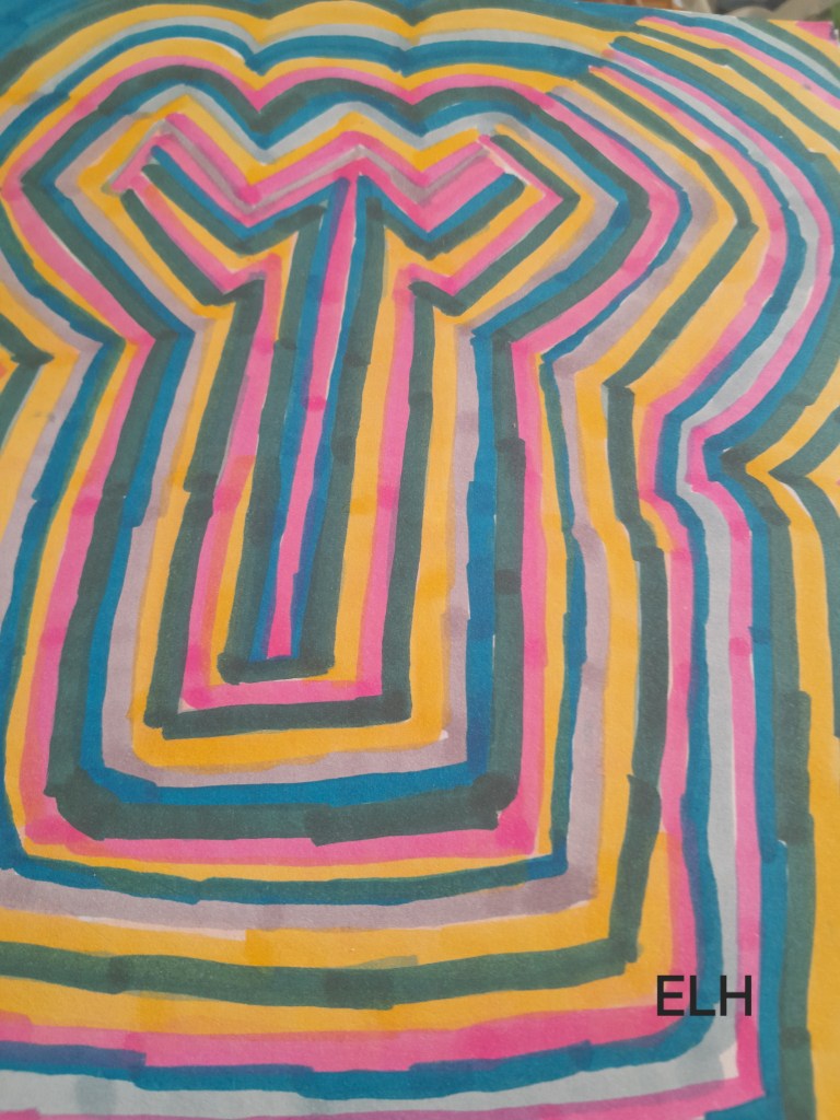 An abstract hand-painted design featuring layered bands of color forming a shape reminiscent of the Tyr rune, symbolizing courage and sacrifice, with colors merging like dawn through mist.