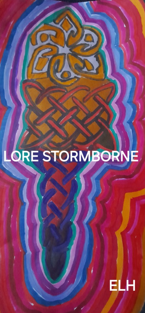 An artistic representation of a woven symbol, featuring intricate designs in vibrant colors, with the text 'LORE STORMBORNE' and 'ELH' prominently displayed.