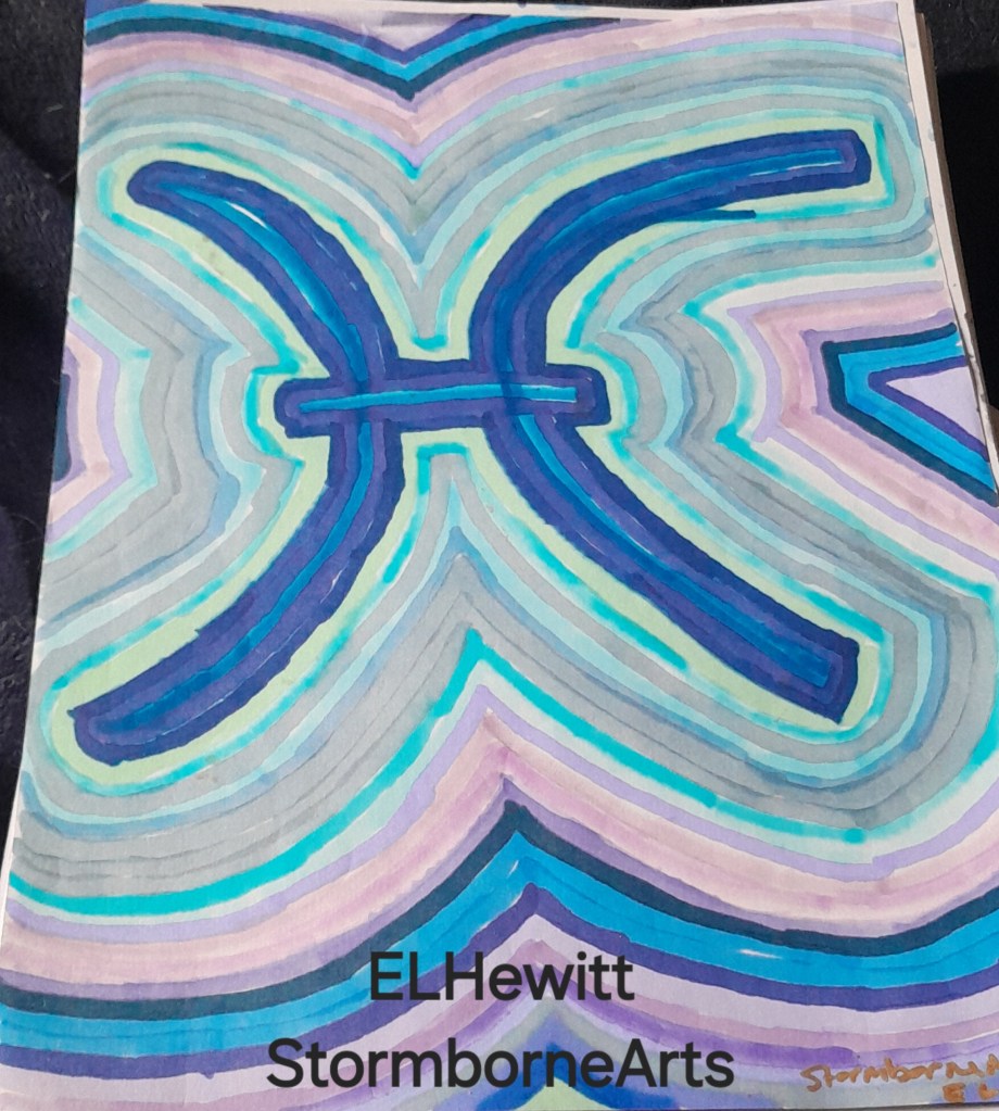An abstract painting featuring layered strokes in shades of blue, teal, and violet, symbolizing the balance between intuition and reason. The design incorporates a central symbol, reflecting themes of water, memory, and fate.