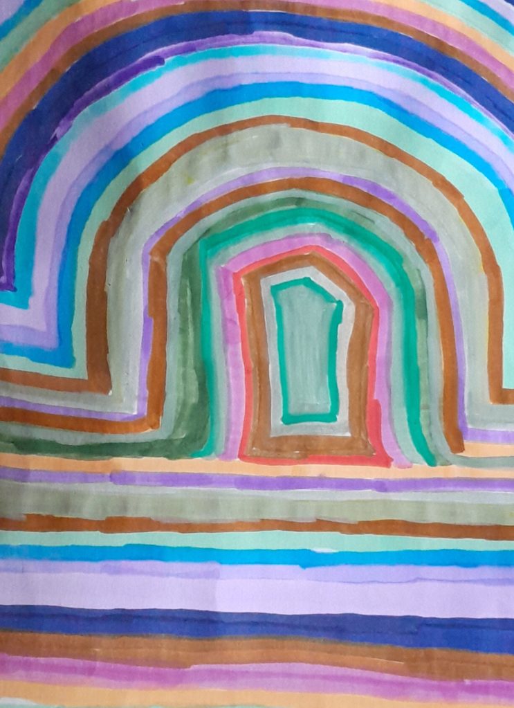 An abstract illustration featuring concentric, colorful arches in shades of purple, blue, green, and brown, creating a mystical doorway effect.