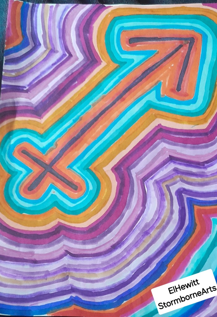 An abstract art piece featuring vibrant concentric patterns in shades of purple, blue, orange, and pink, with a prominent arrow shape at the center.