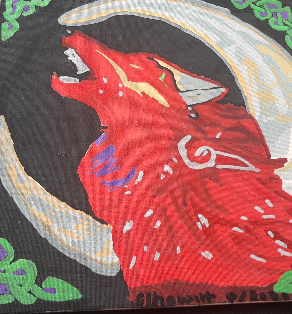 A vibrant painting of a red wolf howling, set against a dark background with a crescent moon and colorful decorative elements.