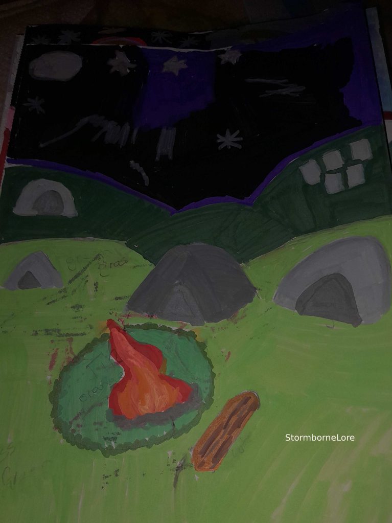 A child's colorful drawing depicting a nighttime camping scene with a starry sky, green grass, a campfire with bright orange flames, rocks, and a log.