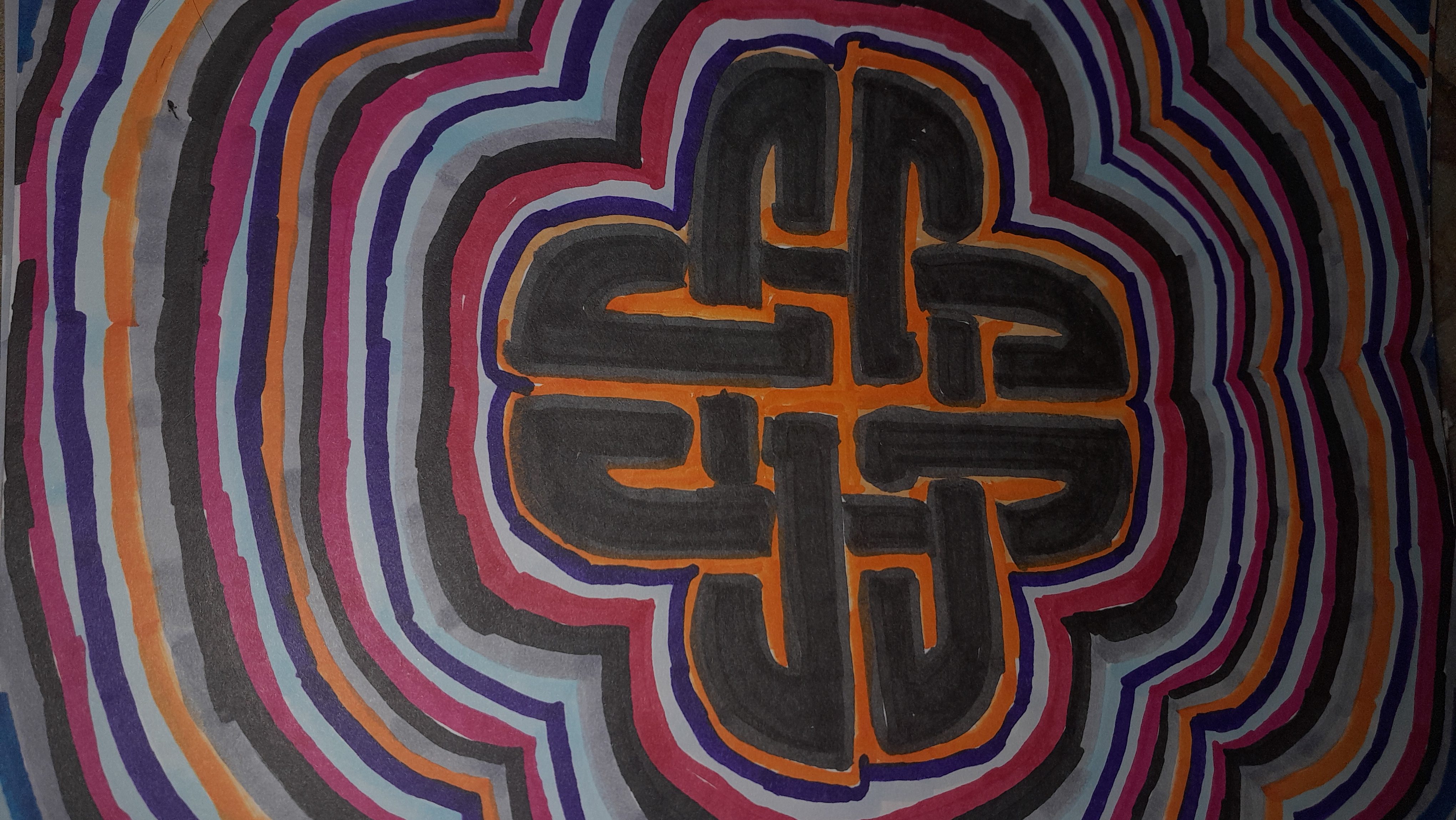 A colorful abstract design featuring layered stripes in various shades, including black, orange, pink, purple, and blue, forming a central symmetrical pattern.