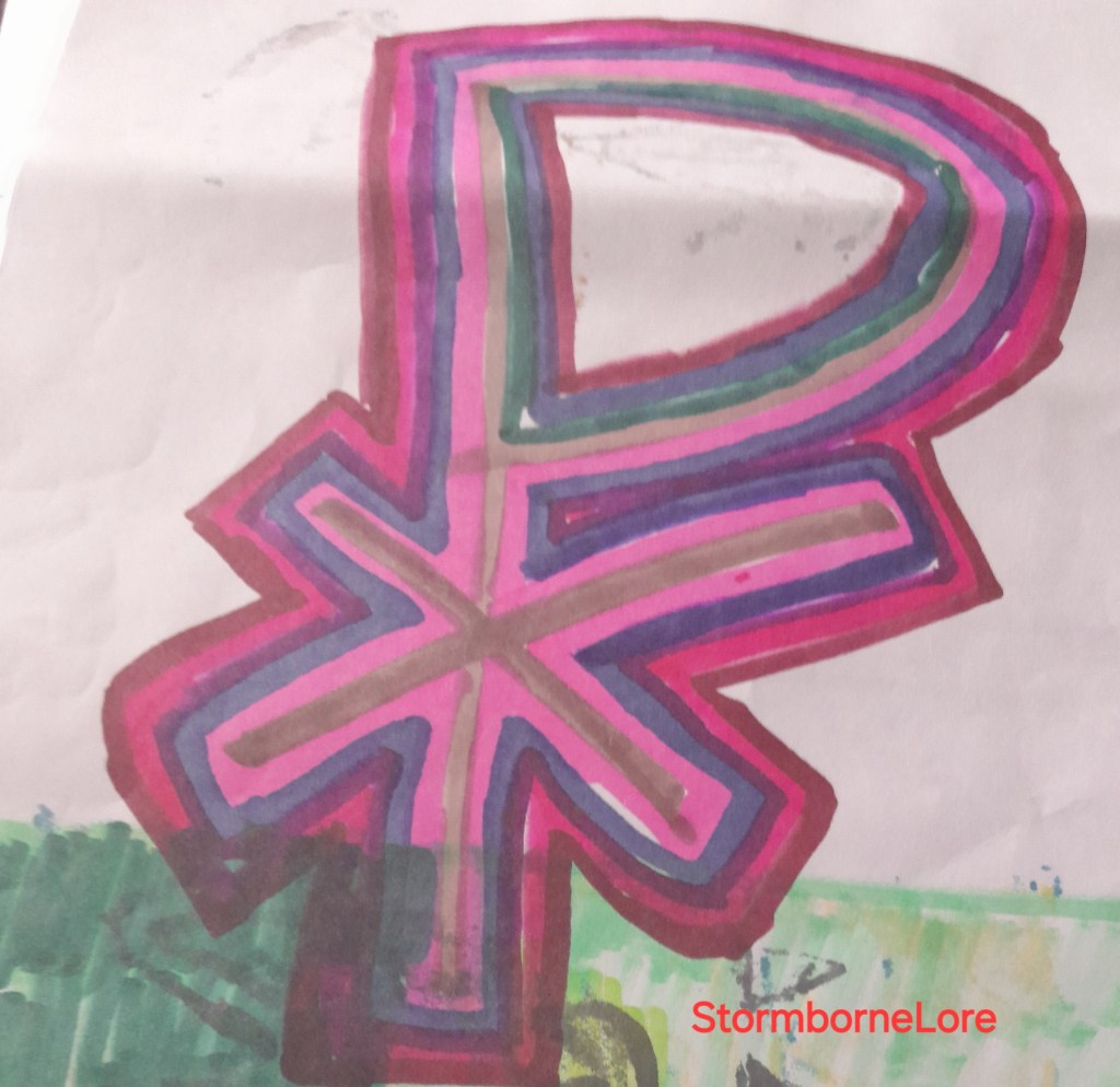 A colorful drawing featuring a large, stylized letter 'P' with intersecting lines in various shades of pink, purple, and green, set against a light background.
