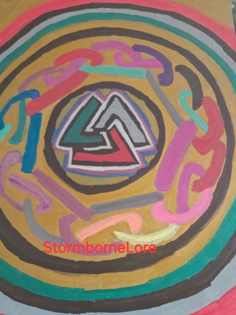 An abstract patterned design featuring a central triangular shape surrounded by colorful intertwined chains and concentric circles, created with various vibrant colors.