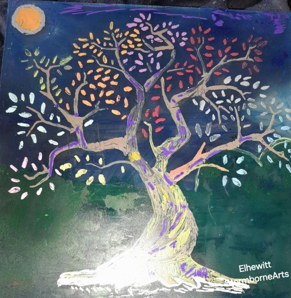 A colorful tree with swirling branches and leaves of various shades against a dark blue background, illuminated by a bright orange sun.