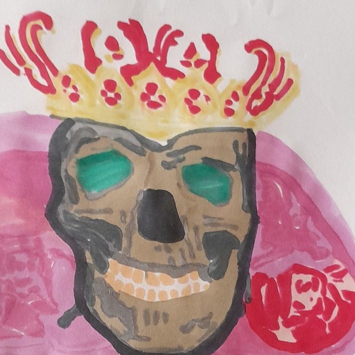 A colorful illustration of a skull wearing a golden crown, set against a background of red and rose hues, symbolizing the balance between mortality and power.