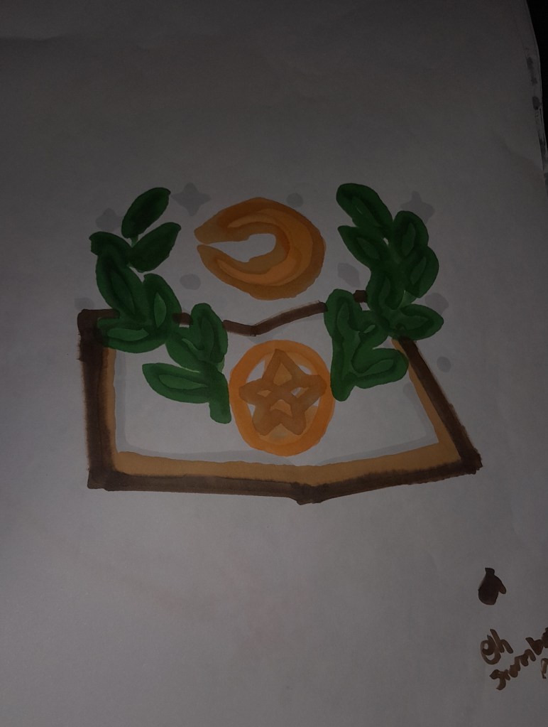 Illustration of the Moon-Star Sigil, featuring a crescent moon, a star, and laurel leaves atop a wooden tablet, representing protection and lineage.