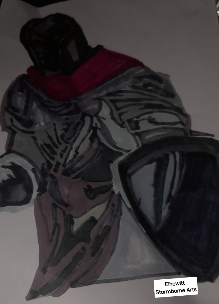 A painted depiction of a knight wearing armor and a dark helmet, holding a shield, with a red scarf draped around the neck.