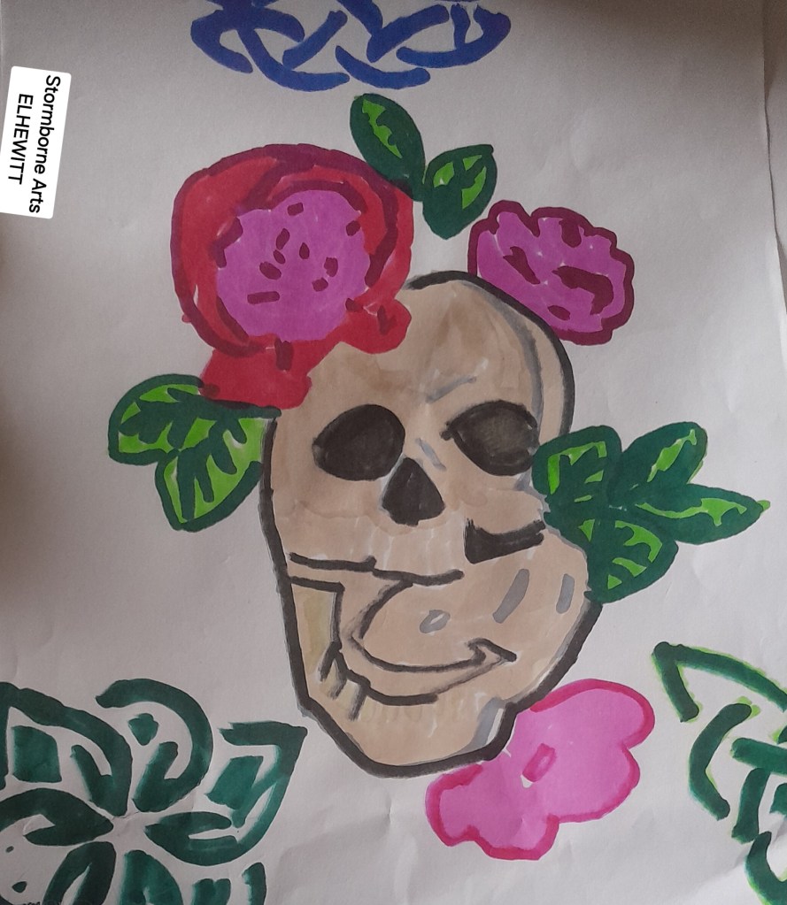 A vibrant artwork featuring a weathered skull surrounded by bold roses and Celtic knotwork, created with markers on A4 paper.
