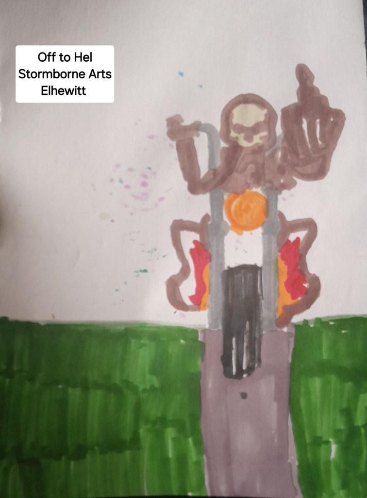 A colorful drawing of a flaming skeletal biker with an outstretched middle finger, riding a motorcycle that seems to lead into the afterlife. The background features a green landscape and a path, showcasing chaotic artistic energy.