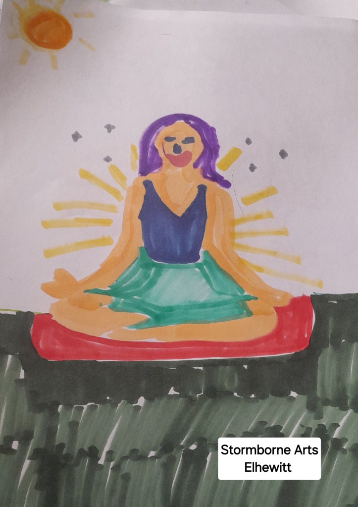 A colorful illustration of a serene woman with purple hair, seated in a meditation pose. She is surrounded by sunbeams and is depicted on a red mat against a green background. The artwork features playful, vibrant colors applied with markers.