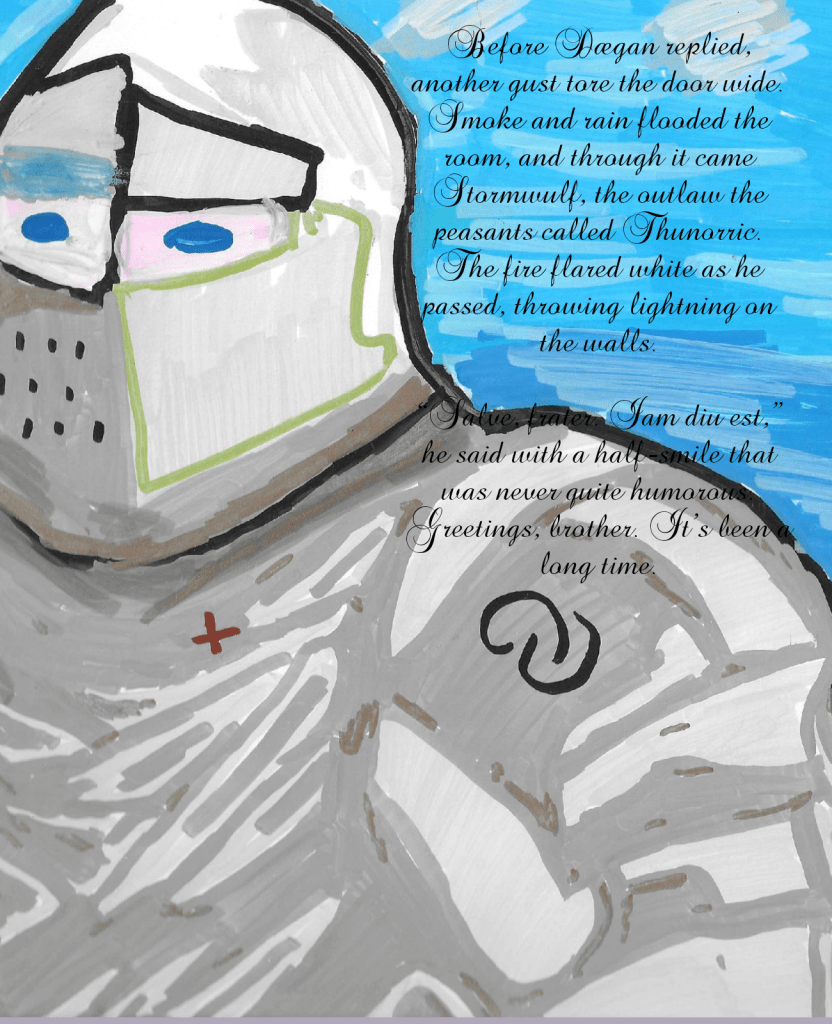 A knight in armor with a gray and white color scheme, featuring a distinctive helmet and facial covering. The background depicts a stormy sky with smoke and rain. Text is visible on the right side, narrating a scene involving the knight and a character named Daegan.