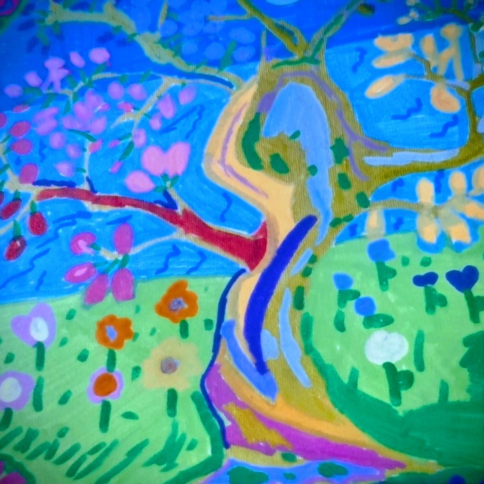 A colorful painting of a tree surrounded by vibrant flowers and a bright blue sky.