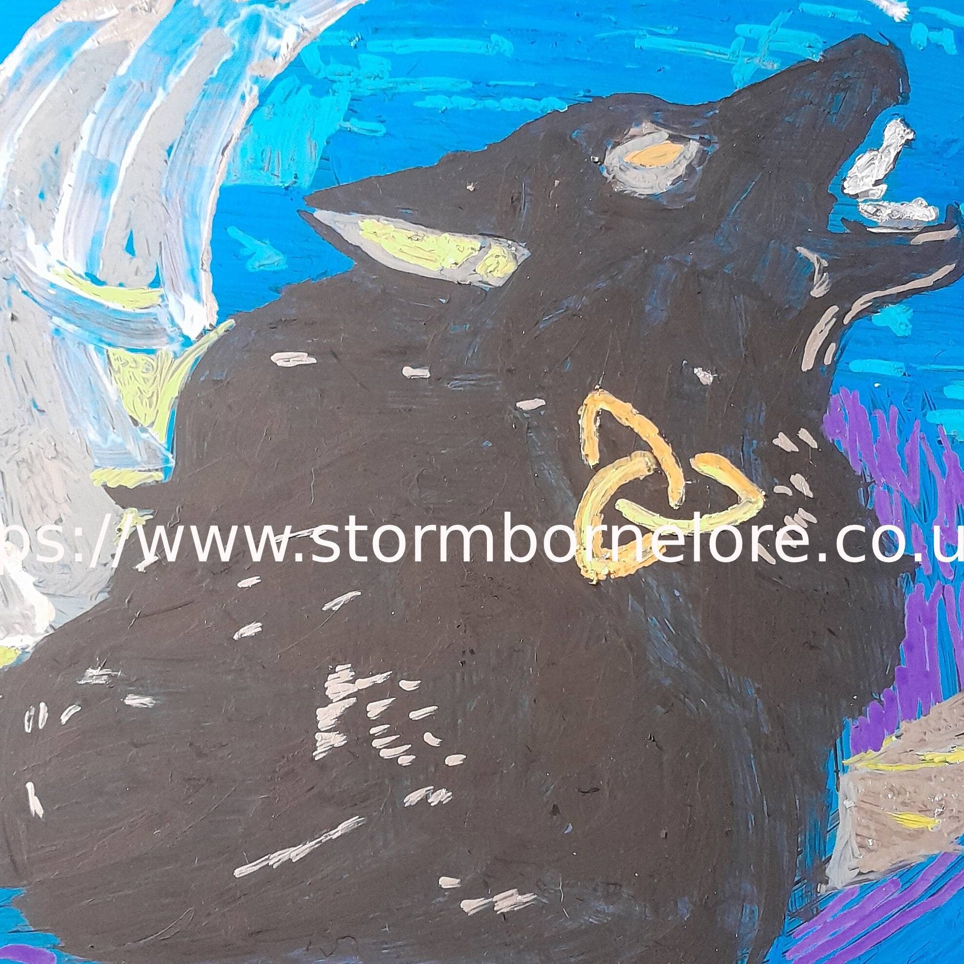 A dark wolf howling against a blue background, featuring swirling patterns and a golden symbol near its neck.