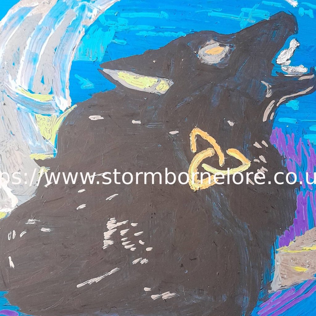 A stylized painting of a howling wolf against a blue background, featuring abstract shapes and vibrant colors.