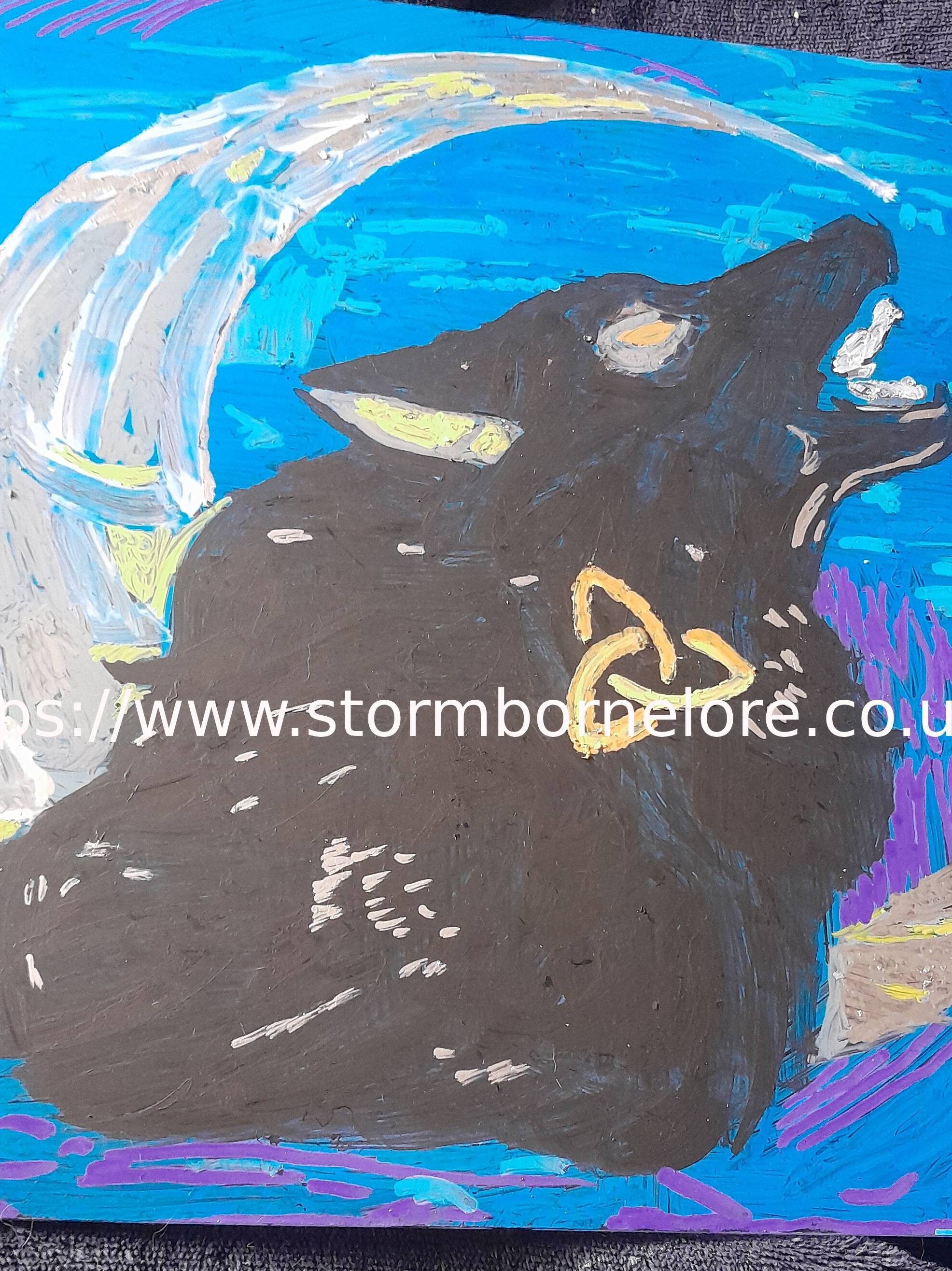 A stylized painting of a black wolf howling against a backdrop of a crescent moon and vibrant blue sky, with hints of purple and pink. The wolf features a decorative symbol around its neck.