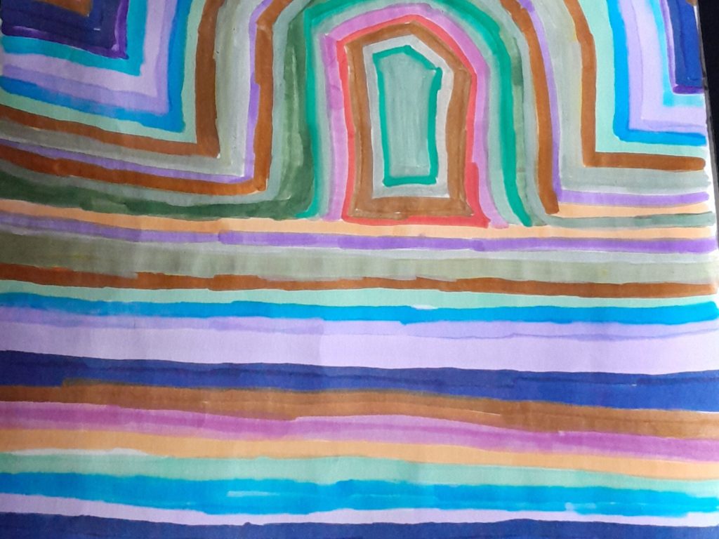 A colorful abstract painting featuring concentric geometric shapes and multi-colored stripes in vibrant hues.