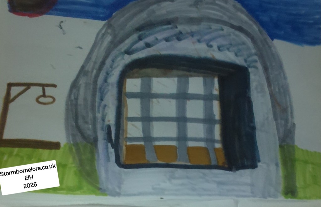 A colorful drawing of a stone archway or window with grid panes, featuring a hanging lamp nearby and green grass in the foreground.