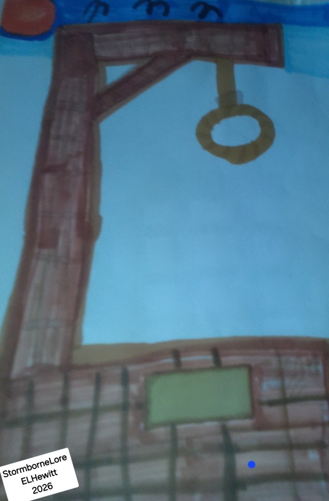 A hand-drawn illustration of a gallows with a hanging noose, featuring a blue sky and a sun in the corner.